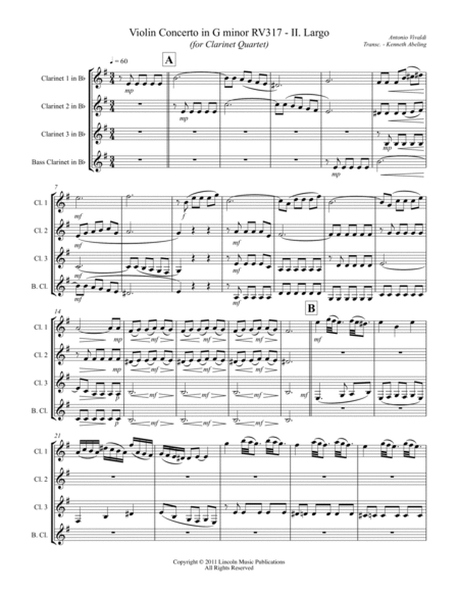 Vivaldi - Violin Concerto in G minor RV 317 - II. Largo (for Clarinet Quartet) image number null