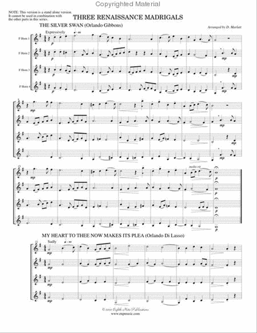 Three Renaissance Madrigals French Horn Quartet scores gallery preview page 2