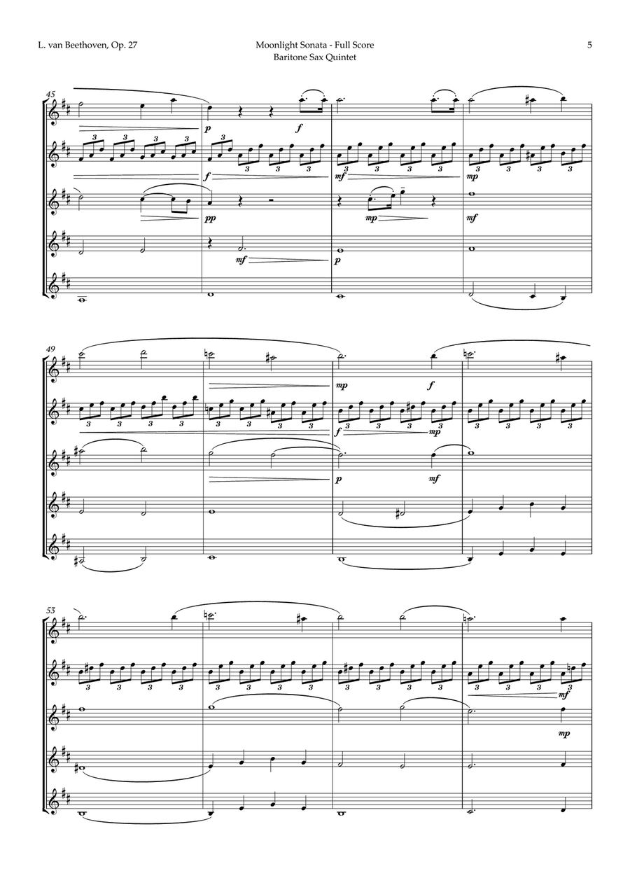 Moonlight Sonata by Beethoven for Baritone Sax Quintet Woodwind Quintet scores gallery preview page 6