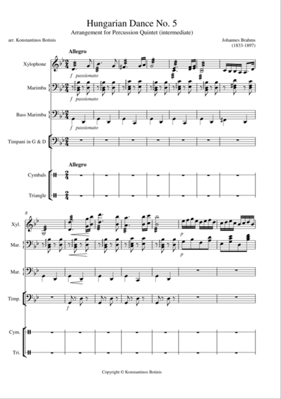 J.Brahms Hungarian Dance No5 for percussion quintet Percussion scores gallery preview page 1