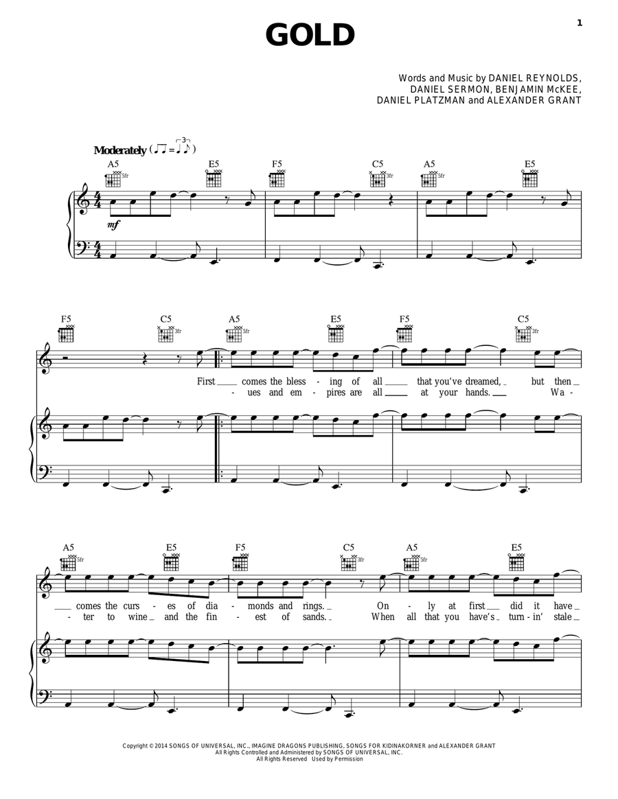 Gold Gold Piano, Vocal, Guitar scores gallery preview page 1