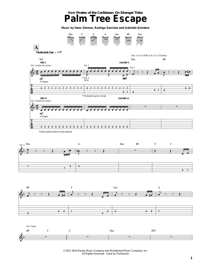 Palm Tree Escape (from Pirates Of The Caribbean: On Stranger Tides) Guitar Tablature scores gallery preview page 1