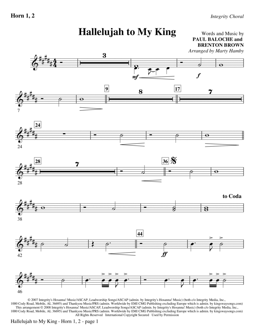 Hallelujah To My King - F Horn 1,2 Choir scores gallery preview page 1