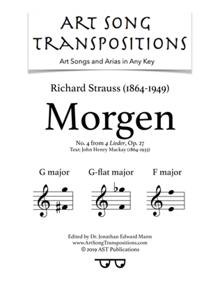 Book cover for STRAUSS: Morgen, Op. 27 no. 4 (in 3 medium keys: G, G-flat, F major)