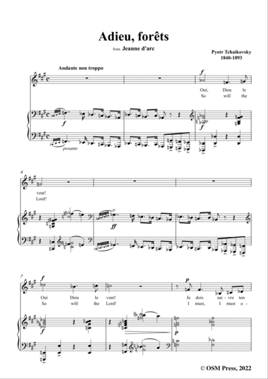 Tchaikovsky-Adieu,forêts,from Jeanne D'arc,in A Major,for Voice and Pinao Voice scores gallery preview page 3