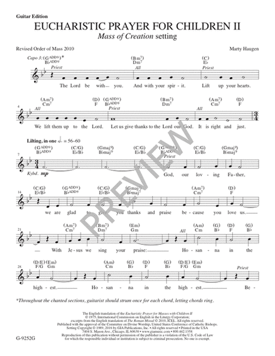 Eucharistic Prayer for Masses with Children II for "Mass of Creation" - Guitar edition