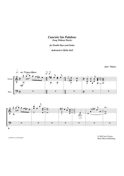 José Vítores, Canción Sin Palabras (Song Without Words) for Double Bass and Guitar.