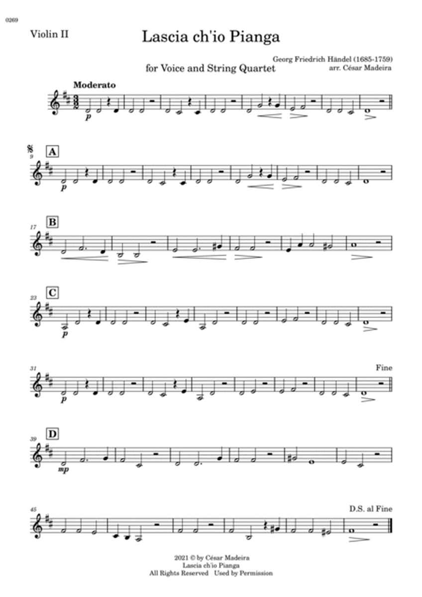 Lascia Ch'io Pianga - Voice and String Quartet - D Major (Individual Parts) image number null