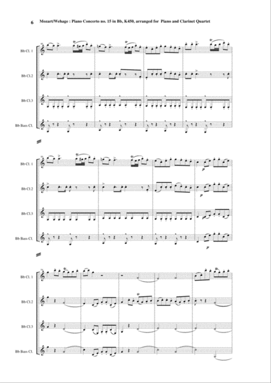 Wolfgang Amadeus Mozart: Piano Concerto no. 15 in Bb K 450, arranged for piano solo and 3 Bb clarin Woodwind Quartet scores gallery preview page 6