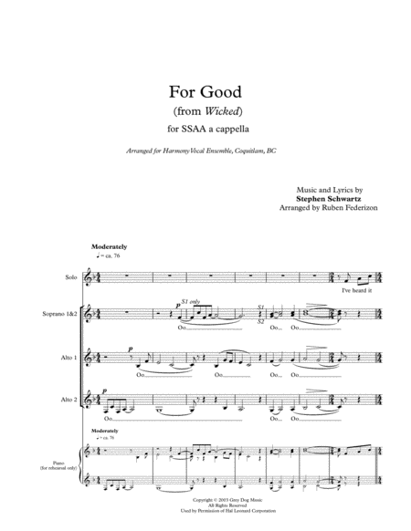 For Good (from "Wicked"). SSAA a capella. image number null