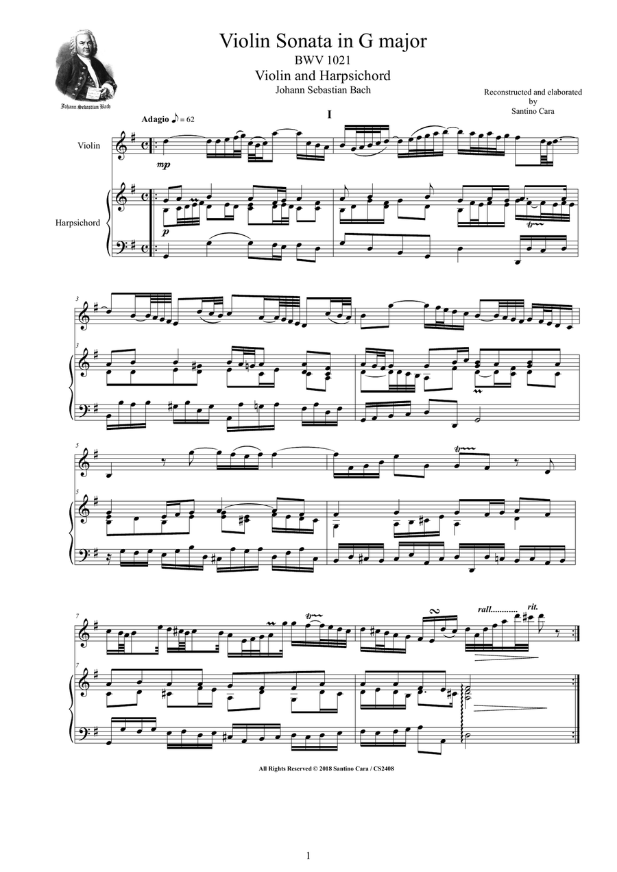 Bach - Violin Sonata in G major BWV 1021 for Violin and Harpsichord or Piano Bach - Violin Sonata in G major BWV 1021 for Violin and Harpsichord or Piano String Duet scores gallery preview page 1