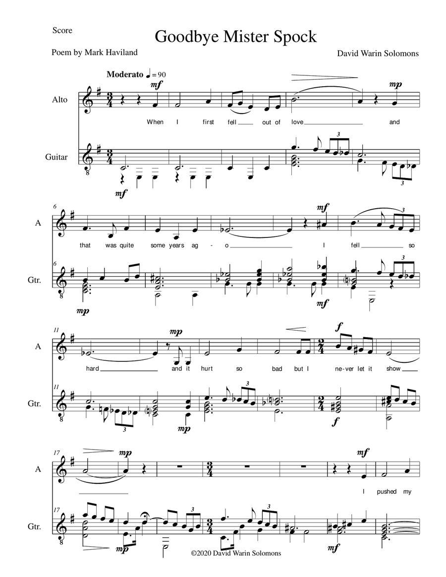 Goodbye Mister Spock for alto and guitar Vocal Duet scores gallery preview page 1