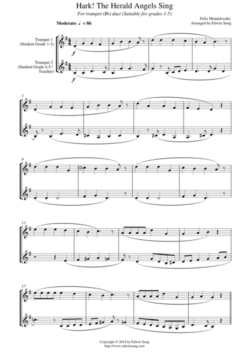 Hark! The Herald Angels Sing (for trumpet (Bb) duet, suitable for grades 1-5) image number null