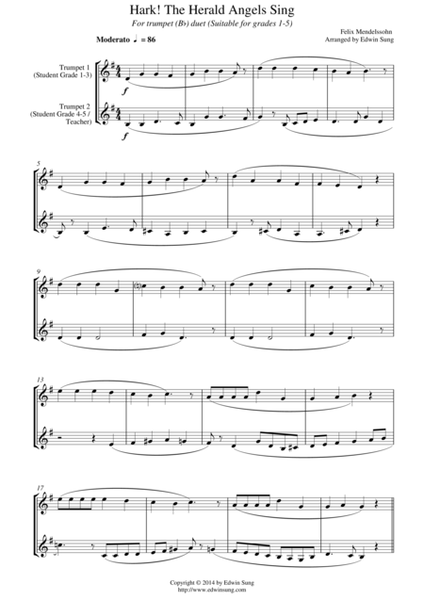 Hark! The Herald Angels Sing (for trumpet (Bb) duet, suitable for grades 1-5) image number null