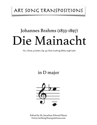 Book cover for BRAHMS: Die Mainacht, Op. 43 no. 2 (transposed to D major)