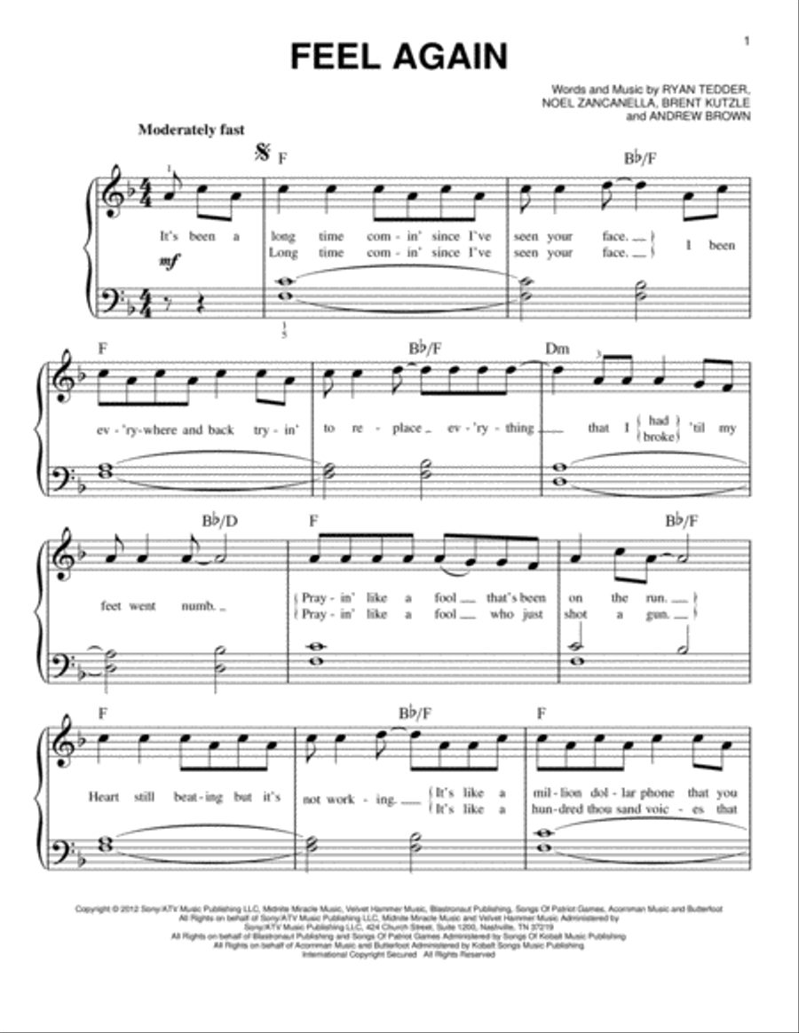 Feel Again Easy Piano scores gallery preview page 1