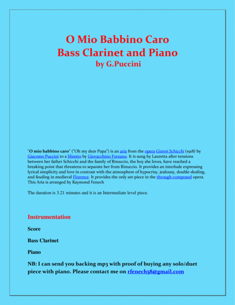 O Mio Babbino Caro - G.Puccini - Bb Bass Clarinet and Piano image number null