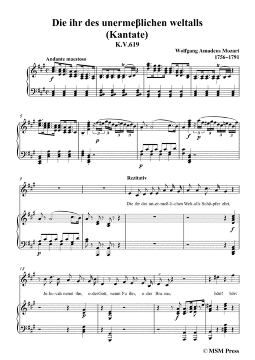 Mozart-Die ihr des unermeβlichen weltalls,in A Major,for Voice and Piano image number null