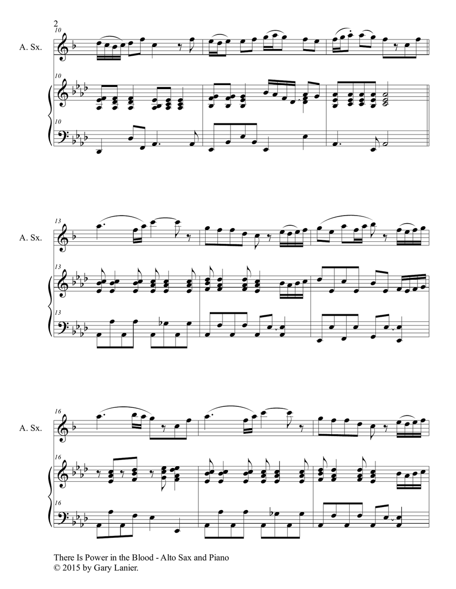 Gary Lanier: THERE IS POWER IN THE BLOOD (Duet – Alto Sax & Piano with Parts) Woodwind Duet scores gallery preview page 3