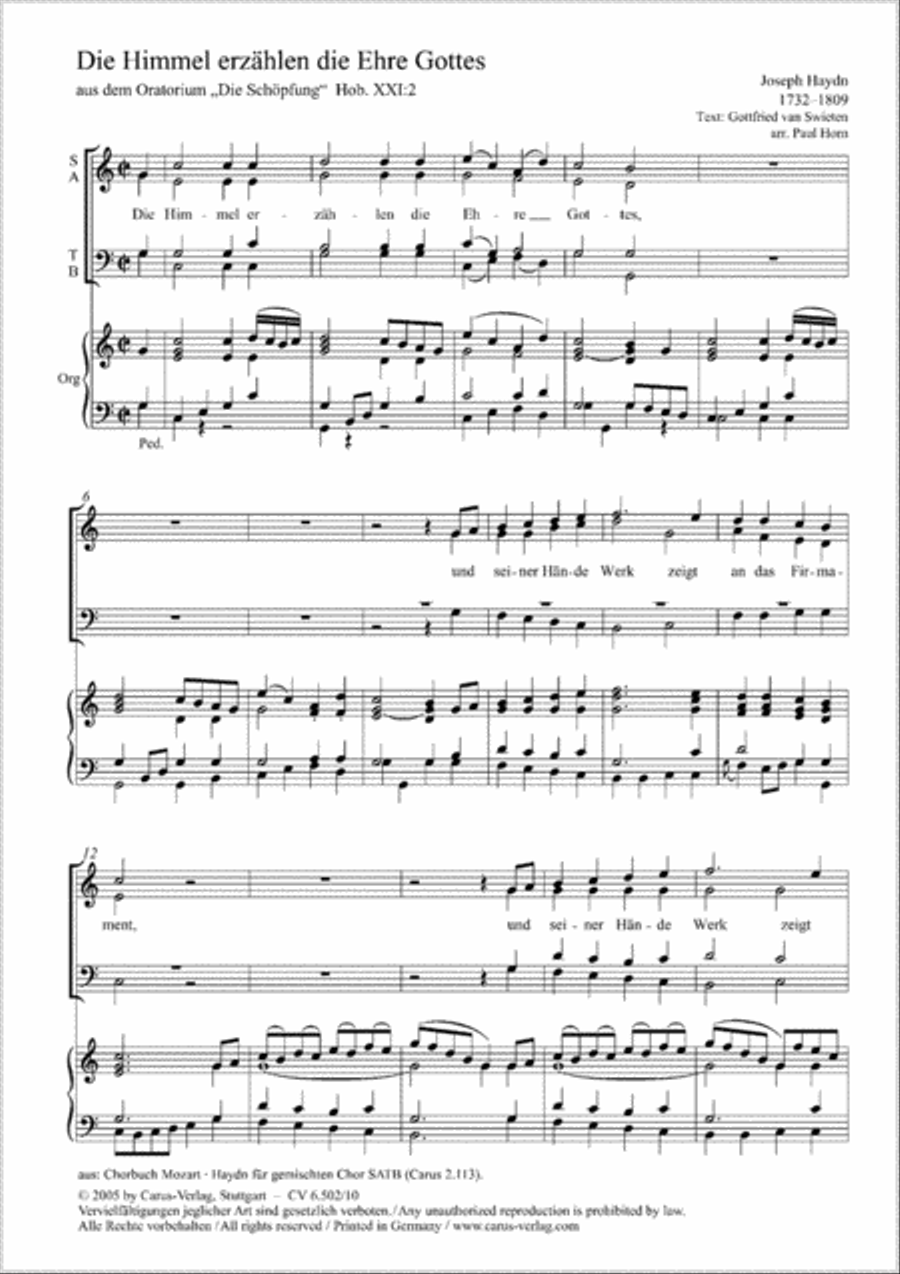 The heavens are telling the Father's glory (Die Himmel erzahlen die Ehre Gottes) 4-Part scores gallery preview page 1