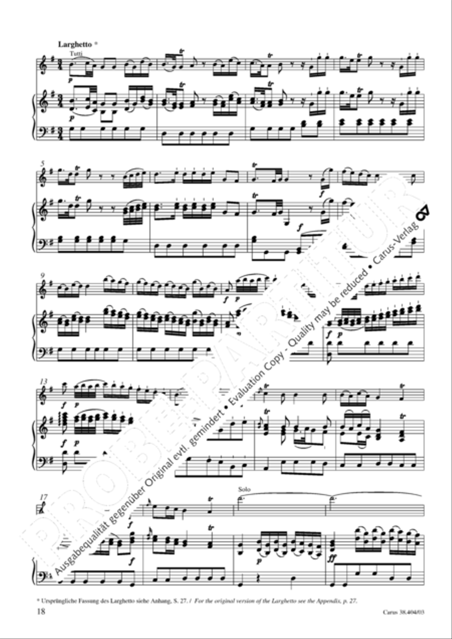 Concerto for Flute in D major (Concerto per il Flauto traverso in D / Flotenkonzert in D) Flute Solo scores gallery preview page 19