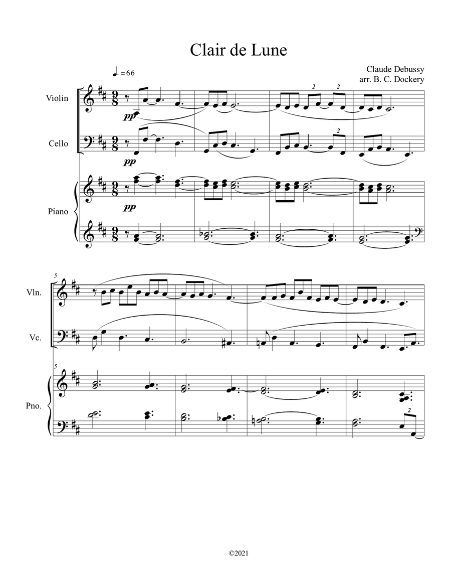 Clair de Lune (Violin and Cello Duet) with piano accompaniment Piano Trio scores gallery preview page 1