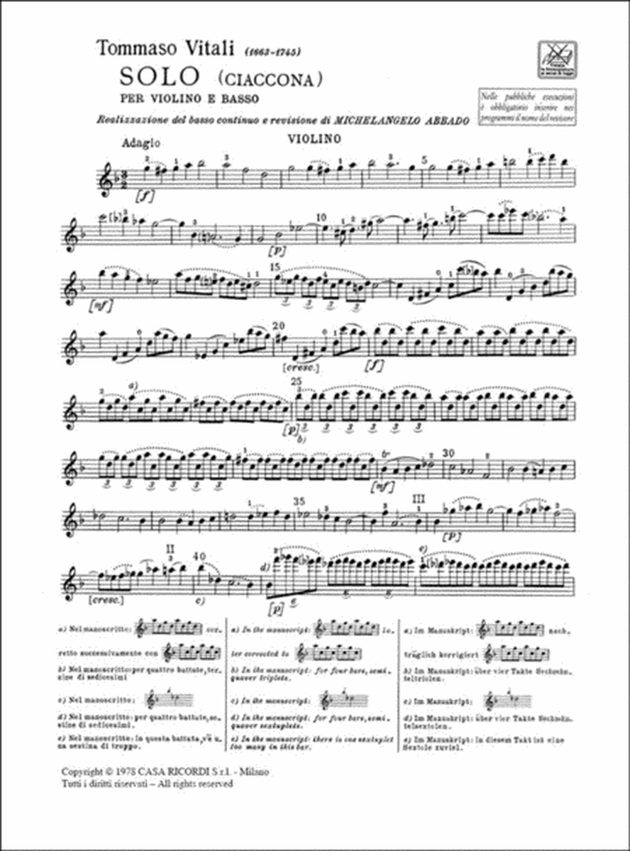 Solo (Ciaccona) Per Violino E Basso