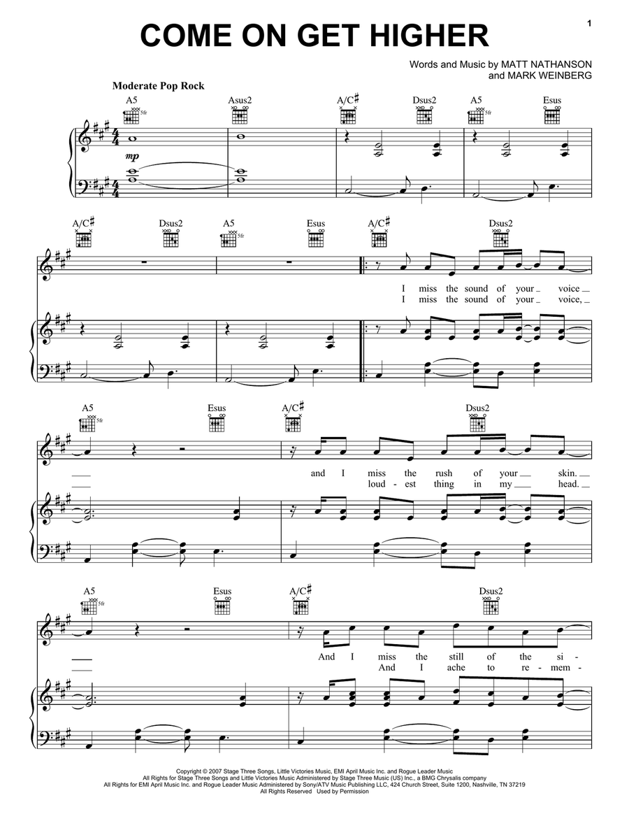 Come On Get Higher Piano, Vocal, Guitar scores gallery preview page 1
