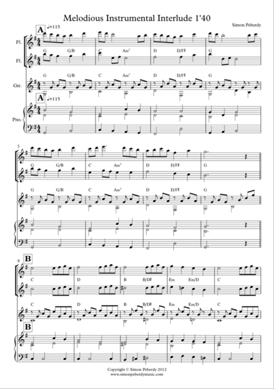 Instrumental Interlude 1'40 for 2 flutes, guitar and/or piano by Simon Peberdy image number null