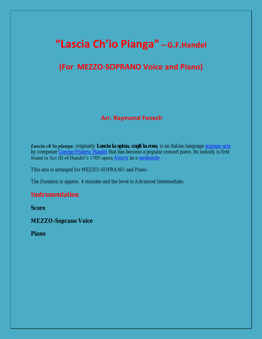 Lascia Ch'io Pianga - From Opera 'Rinaldo' - G.F. Handel ( Mezzo-Soprano and Piano) Mezzo-Soprano Voice scores gallery preview page 2