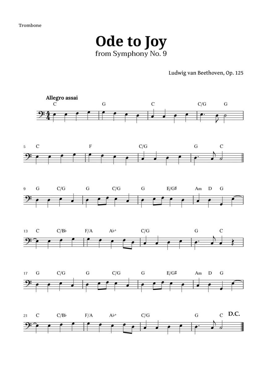 Ode to Joy by Beethoven for Trombone with Chords image number null