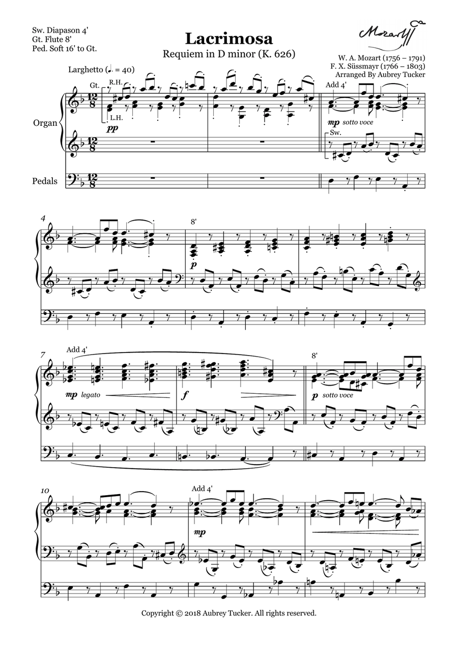 Organ: Lacrimosa from Requiem in D minor (K. 626) - W. A. Mozart Organ Solo scores gallery preview page 2