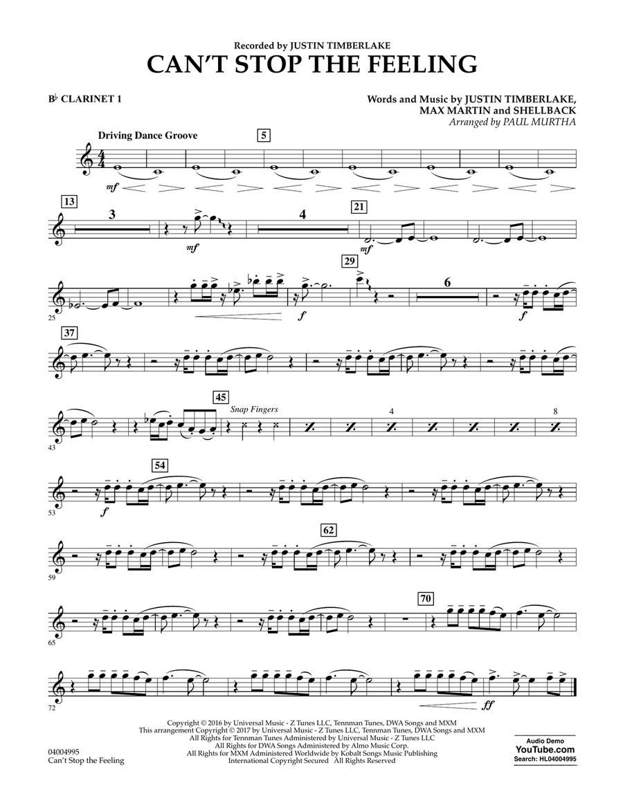 Can't Stop the Feeling - Bb Clarinet 1 Concert Band scores gallery preview page 1