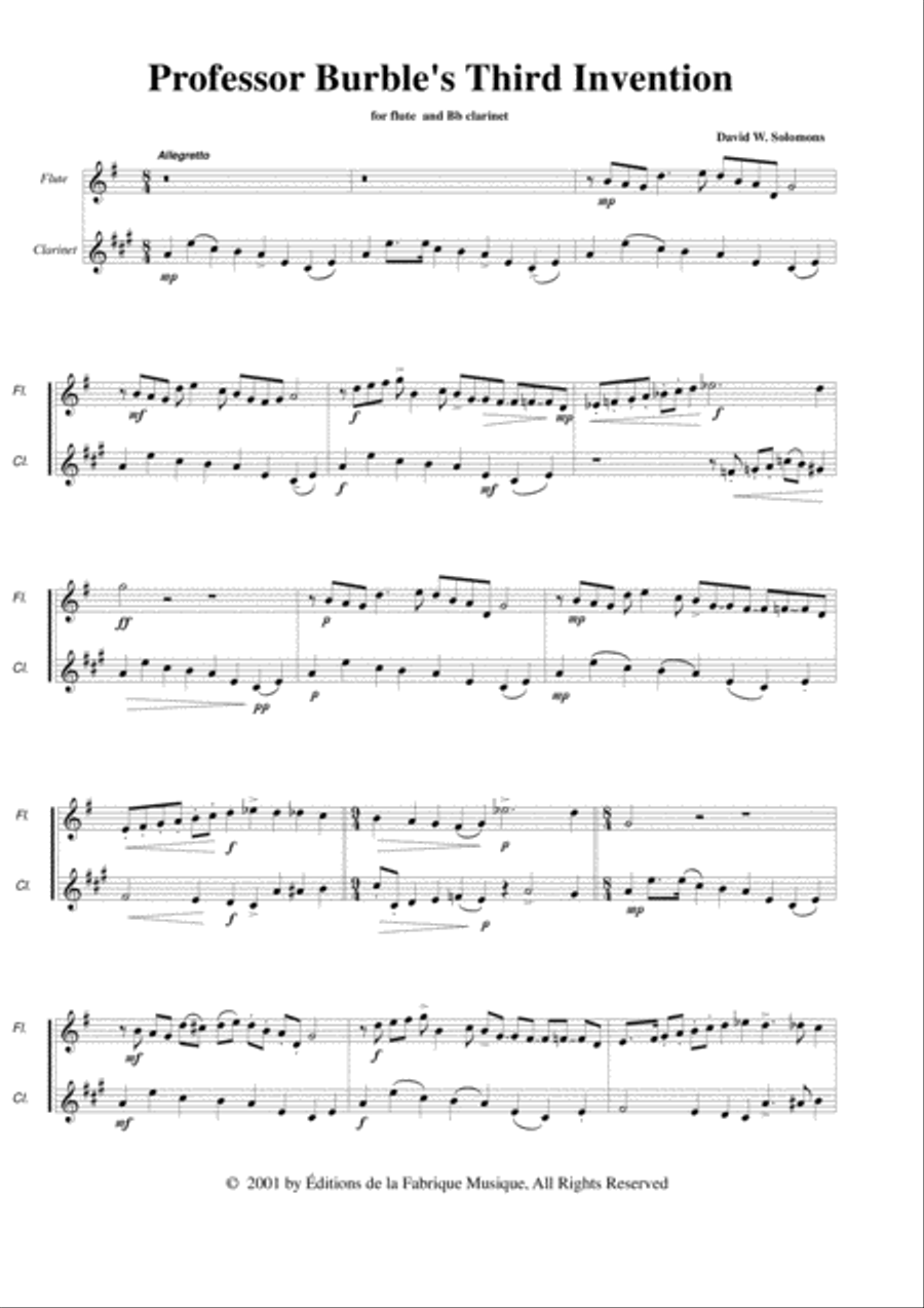 David Warin Solomons: Professor Burble's Third Invention for flute and Bb clarinet Woodwind Duet scores gallery preview page 2