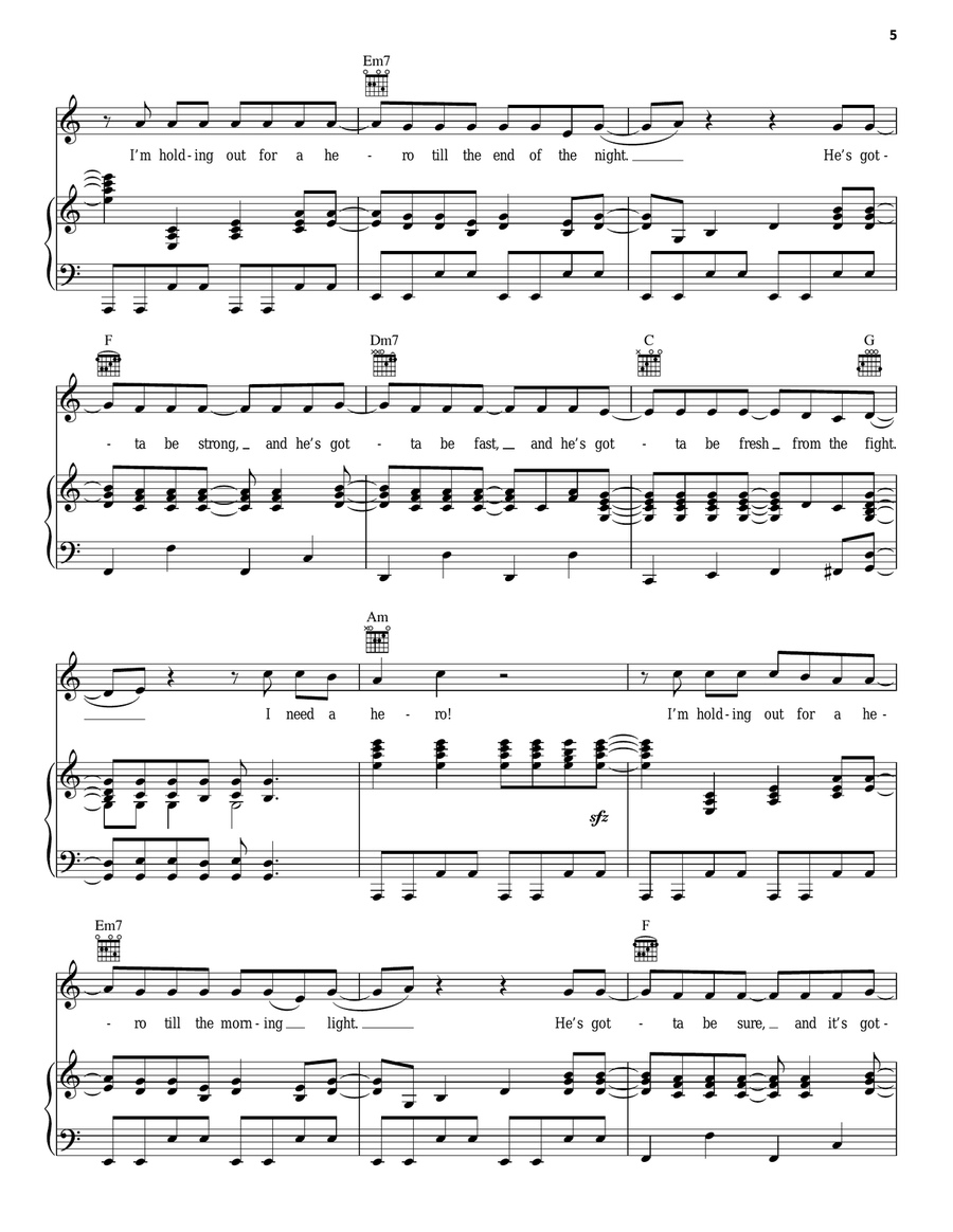 Holding Out For A Hero Piano, Vocal, Guitar scores gallery preview page 5