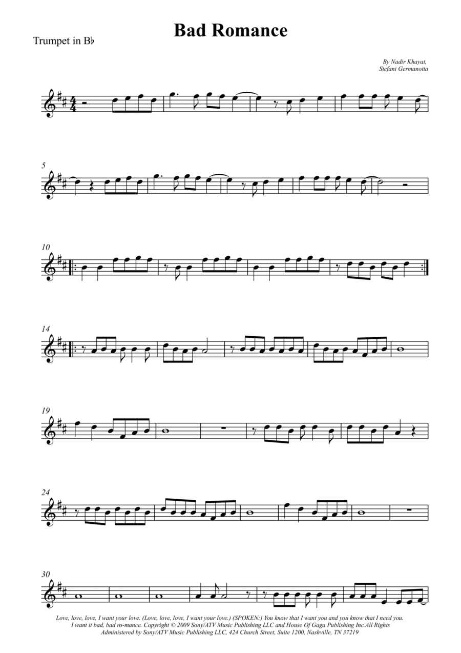 Bad Romance B-Flat Trumpet scores gallery preview page 1