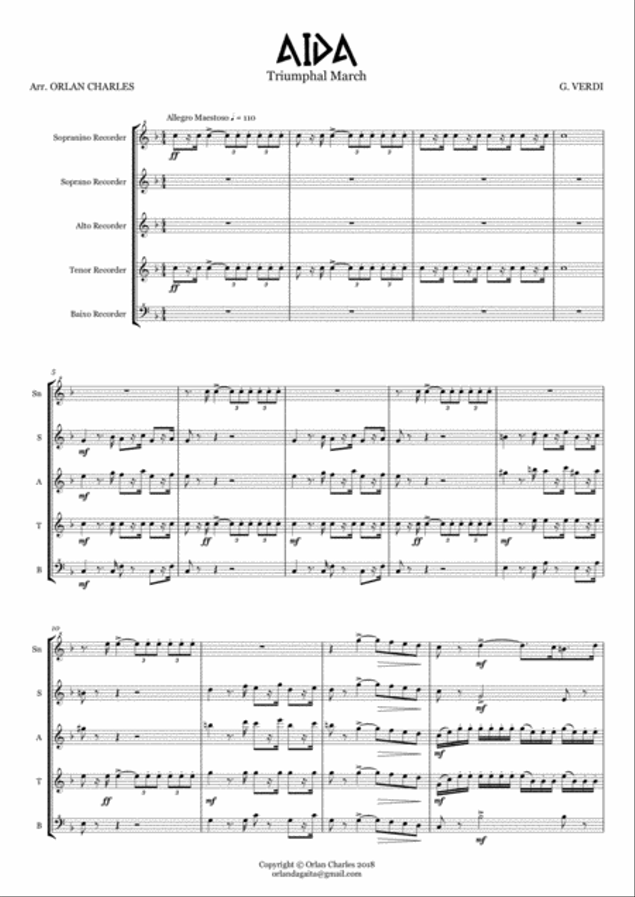 Giuseppe Verdi - Aida - Triumphal March - for recorder quintet Small Ensemble scores gallery preview page 1