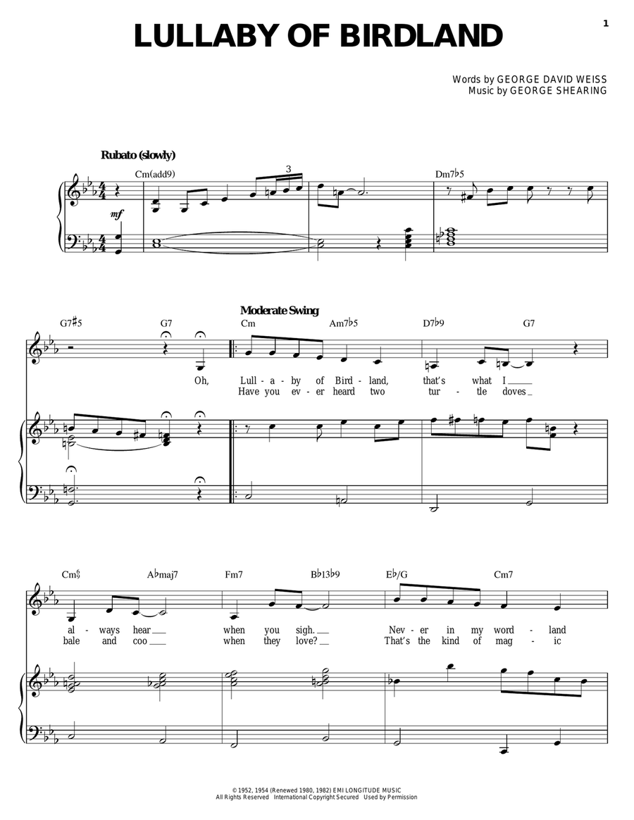 Lullaby Of Birdland Piano, Vocal scores gallery preview page 1