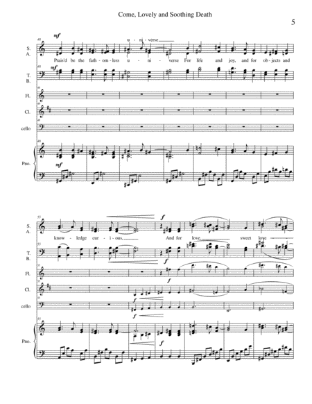 Come, Lovely and Soothing Death for SATB, piano, flute, Bb clarinet, bassoon or cello image number null