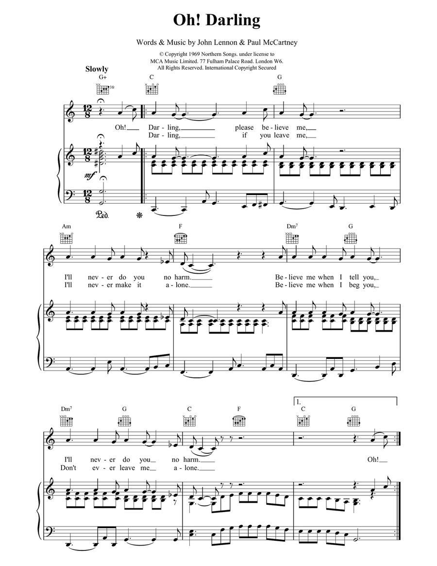 Oh Darling Piano, Vocal, Guitar scores gallery preview page 1