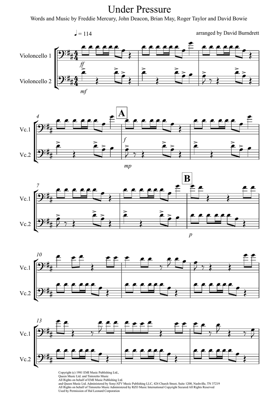 Under Pressure Cello Solo scores gallery preview page 1