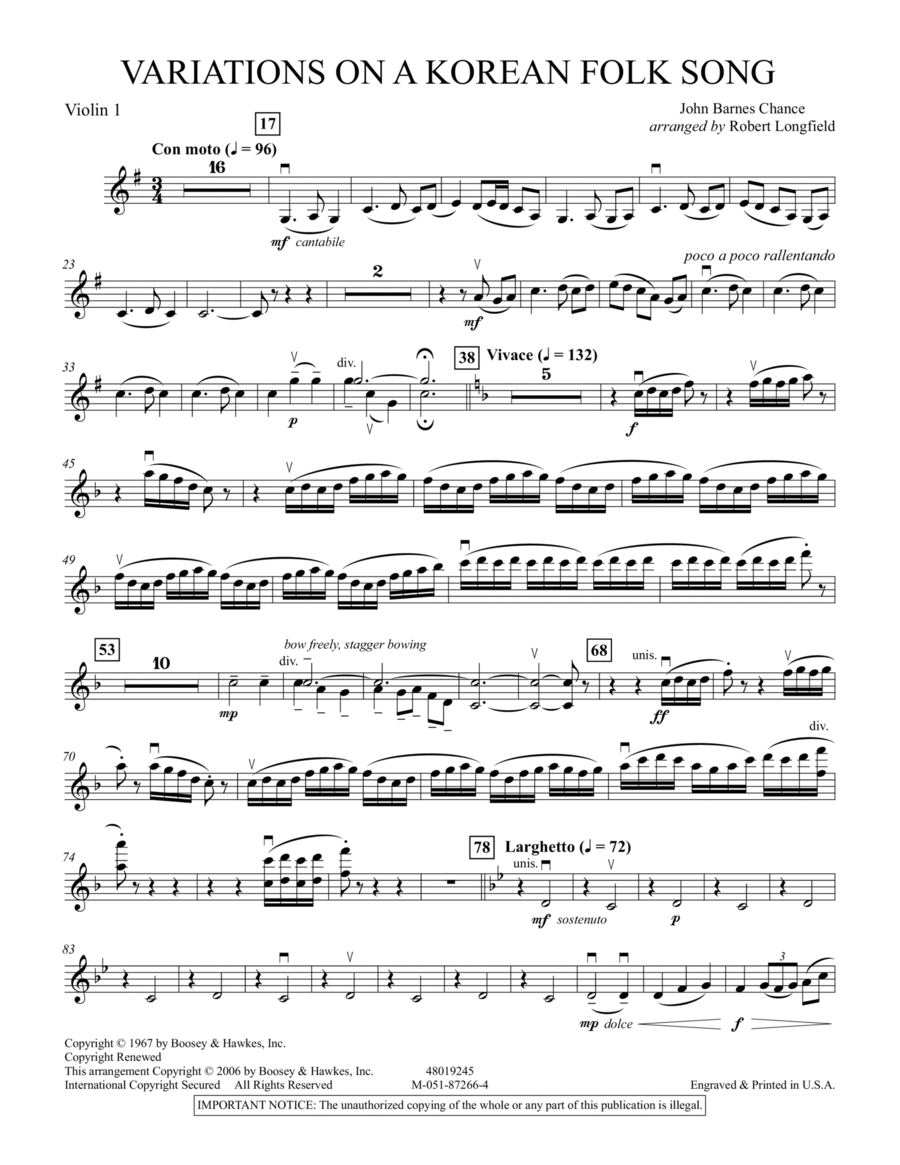 Variations on A Korean Folk Song - Violin 1 Full Orchestra scores gallery preview page 1