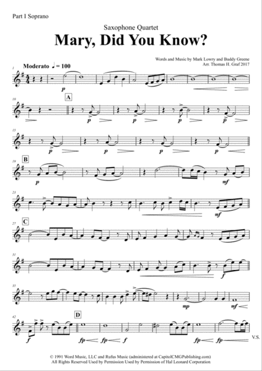 Mary, Did You Know? Saxophone Quartet scores gallery preview page 6