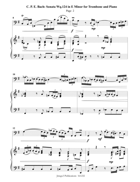 CPE BACH: Sonata in E Minor WQ124 for Trombone & Piano image number null