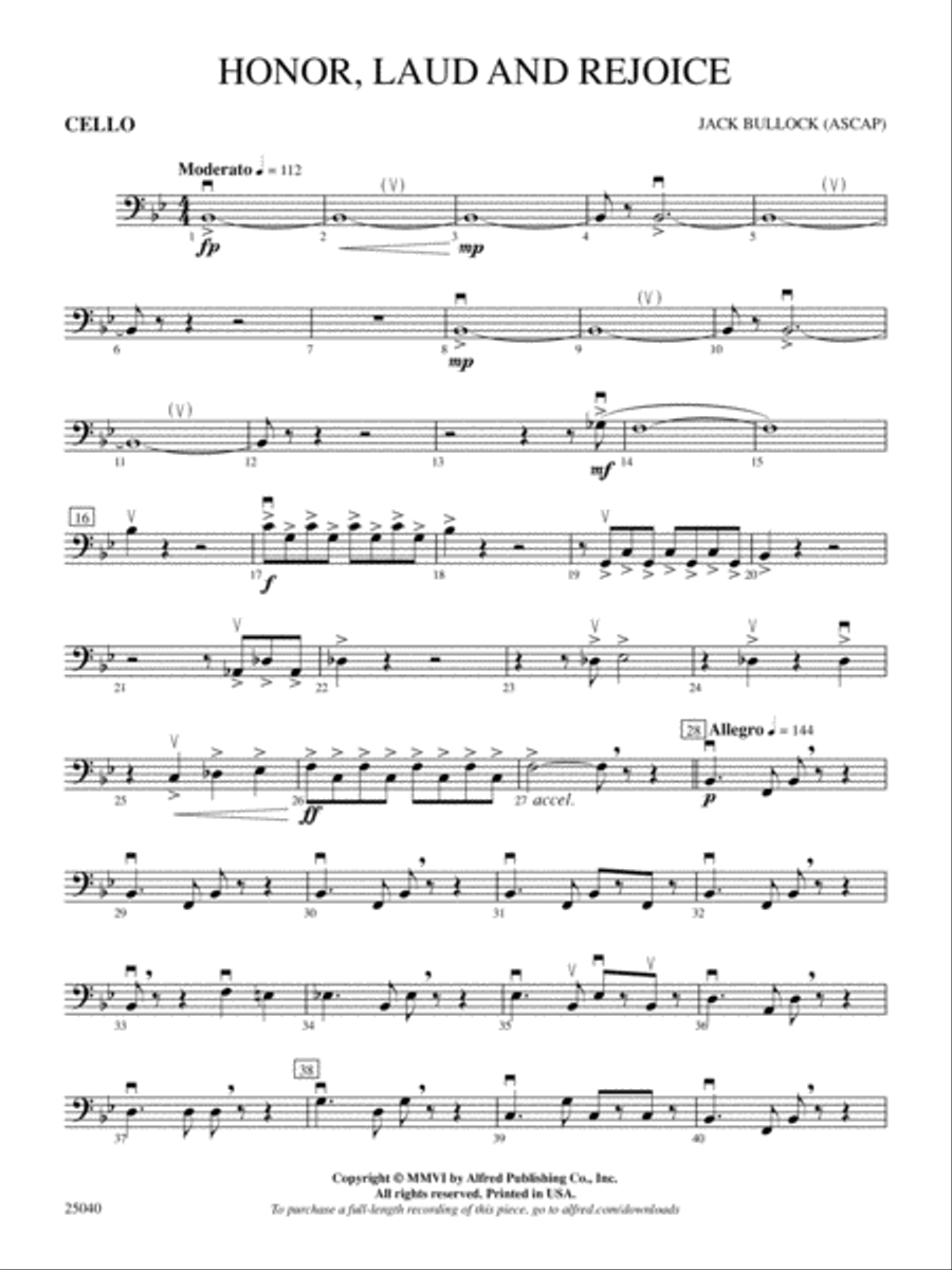 Honor, Laud and Rejoice: Cello Full Orchestra scores gallery preview page 1