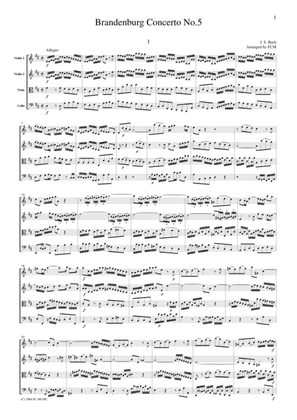 J.S.Bach Brandenburg Concerto No.5, all mvts., BWV1050, for string quartet, CB215