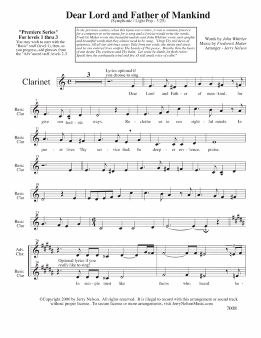 Dear Lord and Father of Mankind (Arrangements Level 1-3 for CLARINET + Written Acc) Hymn image number null