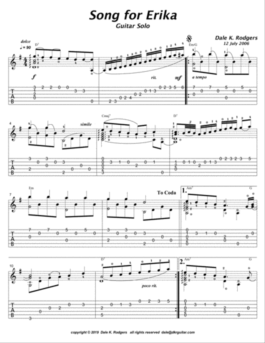 Song for Erika Guitar Tablature scores gallery preview page 1