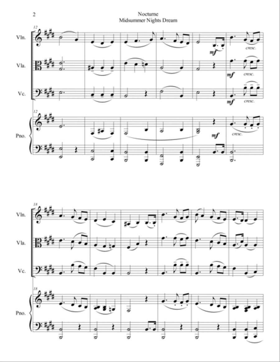 Felix Mendelssohn - Nocturne (from A Midsummer Night's Dream) arr. for piano quartet (score and part