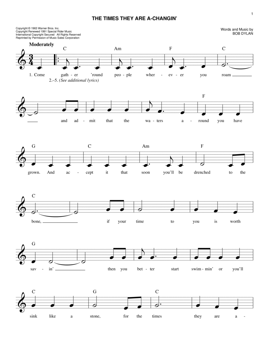 The Times They Are A-Changin' Piano scores gallery preview page 1